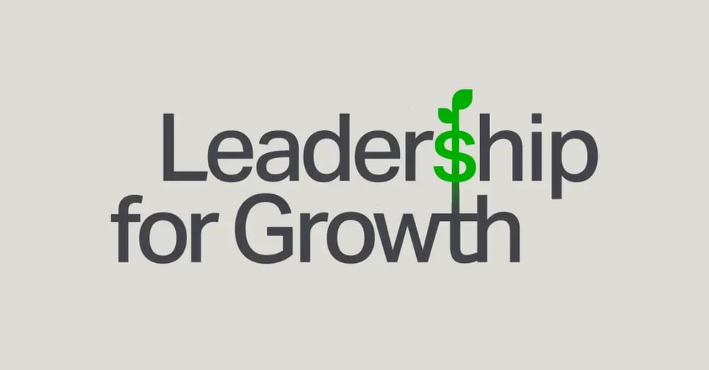 The words 'leadership for growth' where the 's' is a dollar sign with a plant growing from it