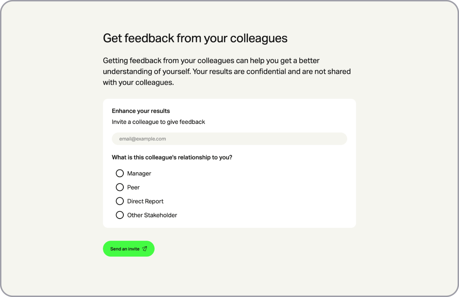 A screenshot taken from the user interface of MindGym's 360 feedback tool showing options to 'get feedback from your colleagues' where users can invite a colleague by email to give them feedback